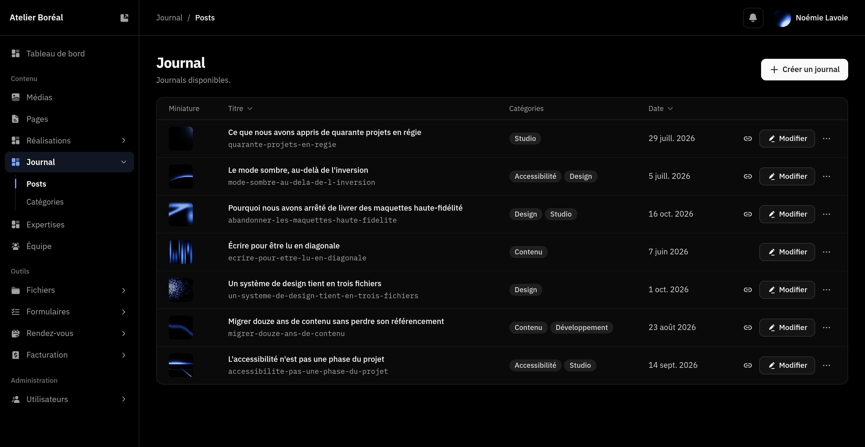 La liste des articles d’un type de contenu dans l’admin, avec les colonnes choisies pour ce type