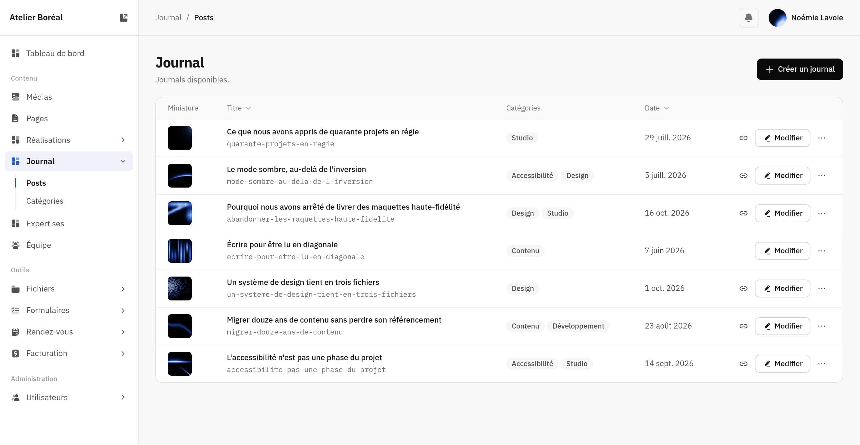 La liste des articles d’un type de contenu dans l’admin, avec les colonnes choisies pour ce type