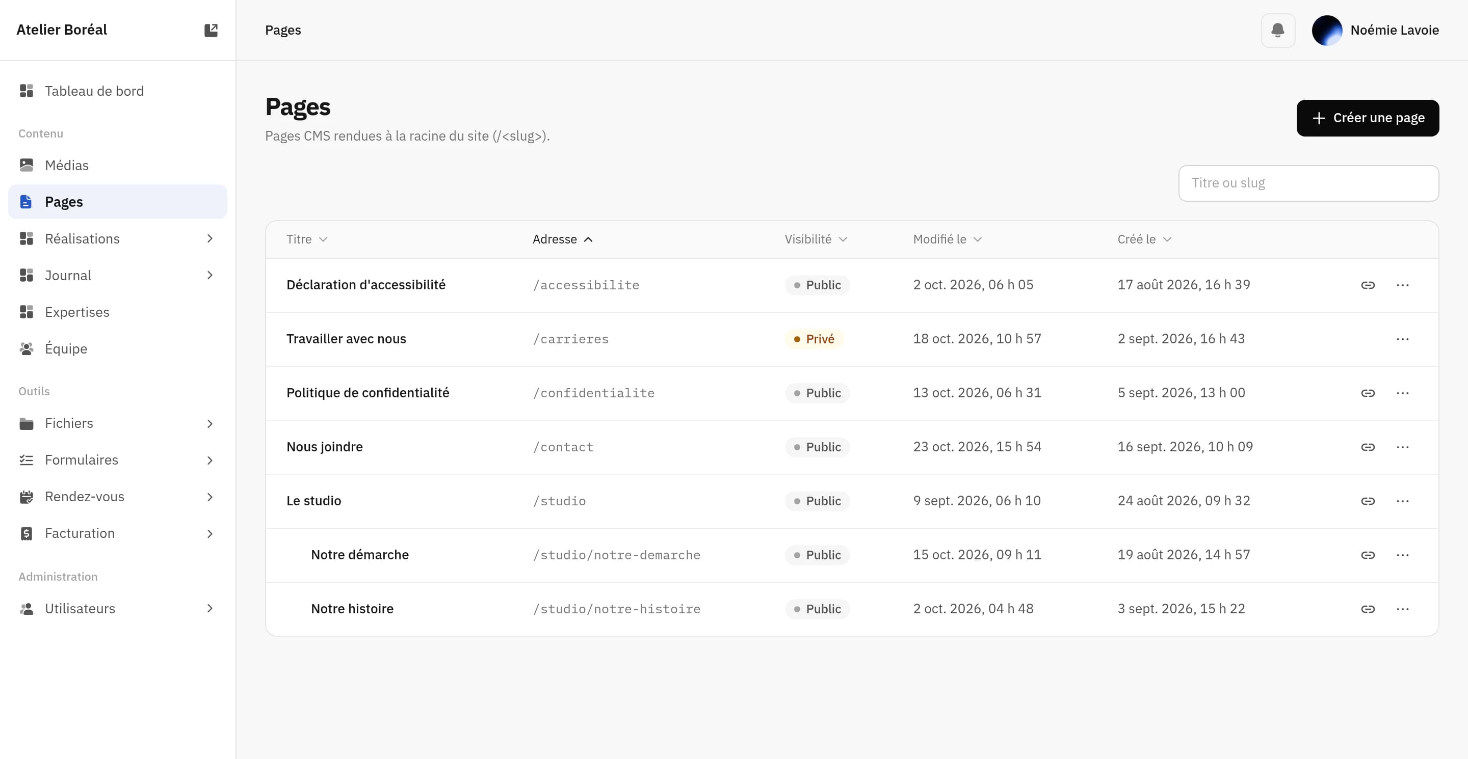 La liste des pages dans l’admin, rangée en arbre, chaque page sous son parent avec son adresse publique